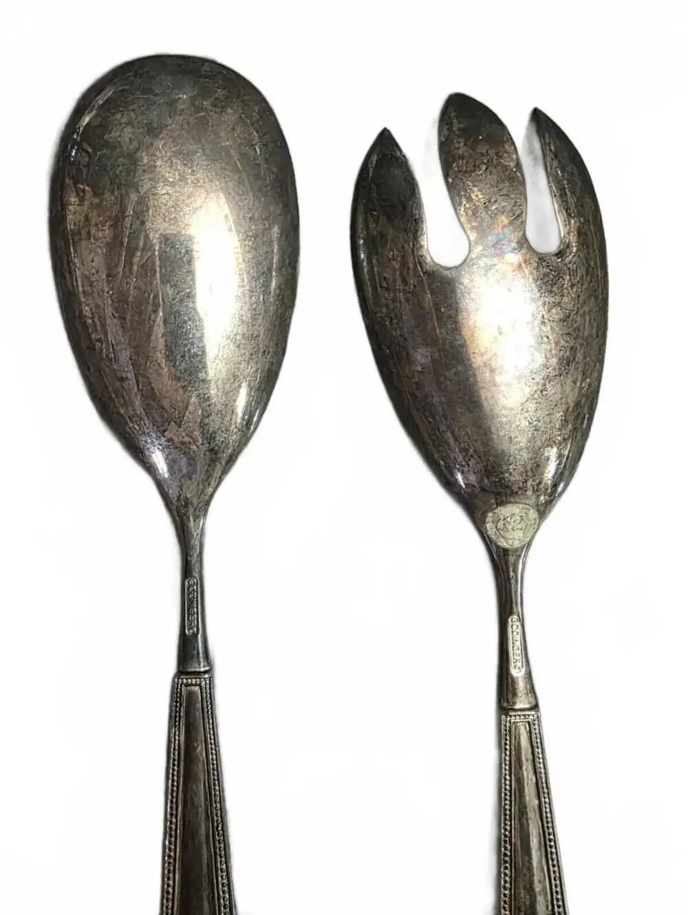 Vintage Godinger Silver Plated Salad Serving Set Spoon Fork Beaded Flutes Pearls